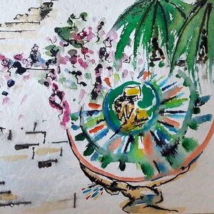Handgefertigtes Original-Aquarellgemälde eines Wandgemäldes, inspiriert von den Farben Mexikos
