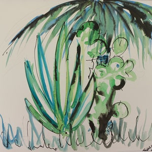Opere d'arte acquerellate dipinte a mano di palme, cactus e aloe