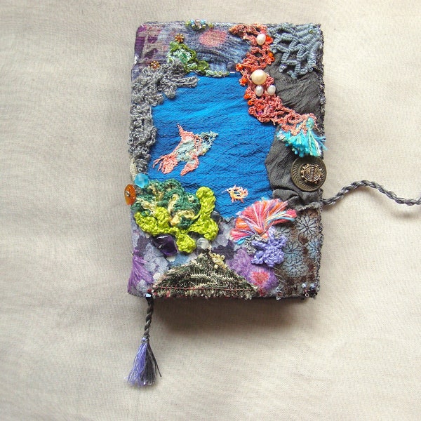 handmade small soft cover journal notebook sketchbook diary delicate textile art artist made book underwater crochet world oceanOOAK