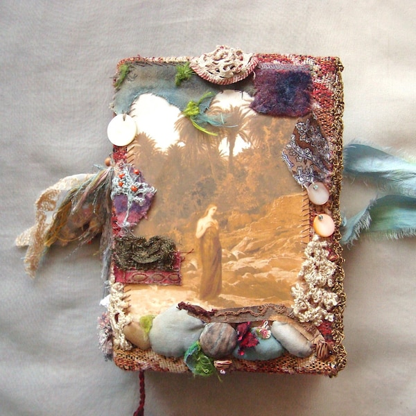 a medium handmade soft cover junk journal, diary, lace and flora, unique journal, paper collages, ephemera, pockets, tags, maps, nice gift