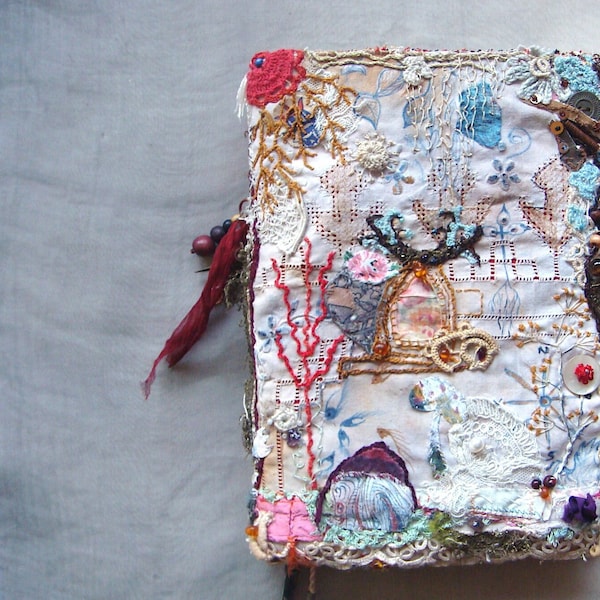 big soft cover journal dream book diary guest book textile art collage vintage fabrics fantasy textile art slow stitch freehand patchwork