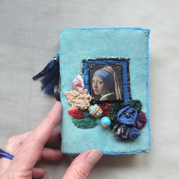 handmade small soft cover journal notebook sketchbook diary delicate textile art artist made book portrait girl paper textile collage OOAK