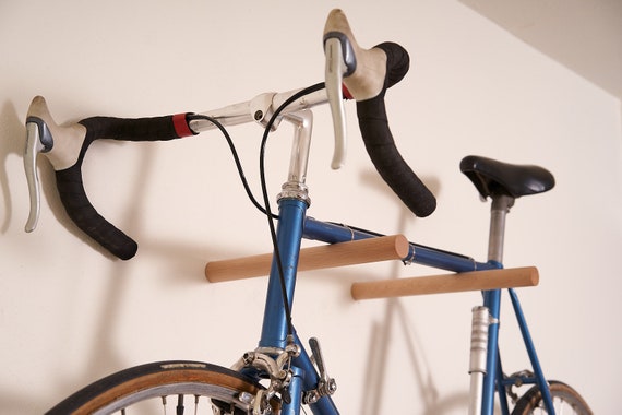 Handcrafted Bike Wall Mount | Beech Wood | Natural Oil (no screws visible, wall hooks, gift)