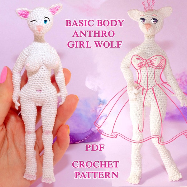 crochet pattern basic body anthro girl wolf, amigurumi doll pattern, Realistic crochet doll body pattern without wire