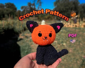 Pumpkin Cat Crochet Pattern, Halloween Amigurumi Doll (PDF Pattern)