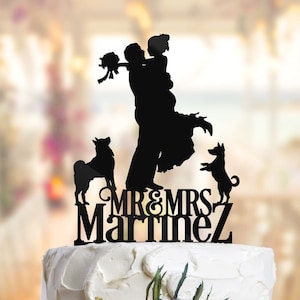 Wedding Cake Topper with Dog and Groom holds Bride, Dog Cake Topper With Dog, Dog Wedding Cake Toppers, Wedding Topper With Dog, PR074