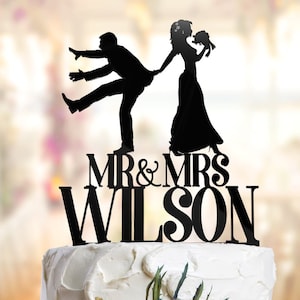 Funny Wedding Cake Topper Bride Pulls the Groom to Marry. Silhouette Couple Cake Topper Wedding Unique Cake   Topper Mr and Mrs Topper FN002