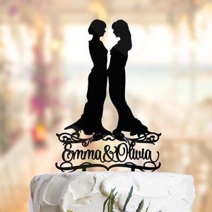 Lesbian cake topper with names. Lesbian wedding cake topper. Mrs and Mrs cake topper. Lesbian  couple. Bride and Bride cake topper. L001