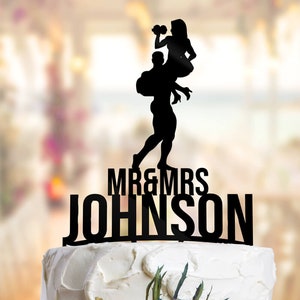 Gym Wedding Cake Topper: Athletic Bride and Groom Silhouette