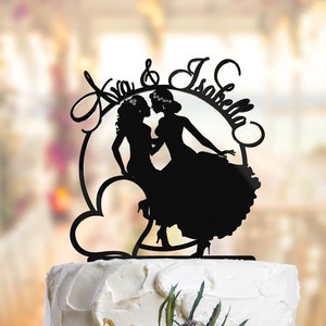 Elegant Lesbian cake topper with names. Lesbian wedding cake topper. Mrs and Mrs cake topper. Bride and Bride cake topper. L007