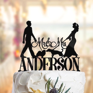 Dog Wedding Cake Topper Bride and Groom walking with Dogs, Cake Topper With Dog, Dog Wedding Cake Toppers, Wedding Topper With Dog, PR075