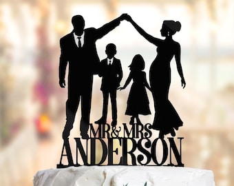Decorazione personalizzata per torta nuziale di famiglia con silhouette di sposi, figli, qualsiasi numero e nome personalizzato PR035