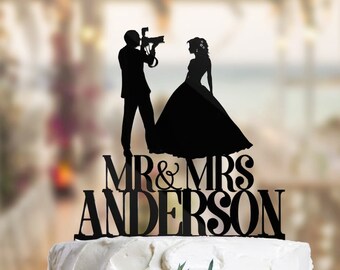 Wedding Cake Topper Silhouette Groom photographer. Bride and Groom Camera Cake Topper Couple Silhouette Cake Topper Topper Figurine PR005