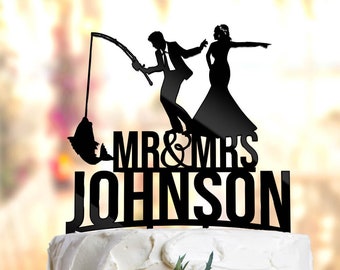 Fishing Wedding Cake Topper, Silhouette Bride And Fishing Groom, Wedding Fishing Cake Topper, Fishing Cake Toppers,  PR122