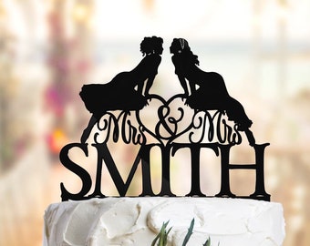 Lesbian cake topper with surname and personalized hairstyle. Lesbian wedding cake topper. Mrs and Mrs cake topper. 2 Bride cake topper. L009