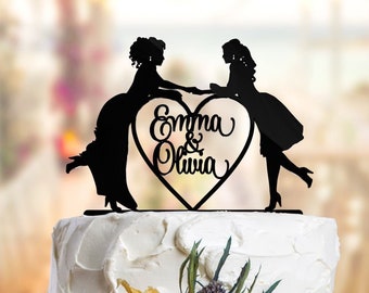 Elegant Lesbian cake topper love heart with names. Lesbian wedding cake topper. Mrs and Mrs cake topper. Bride and Bride cake topper. L005