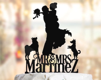 Wedding Cake Topper with Dog and Groom holds Bride, Dog Cake Topper With Dog, Dog Wedding Cake Toppers, Wedding Topper With Dog, PR074