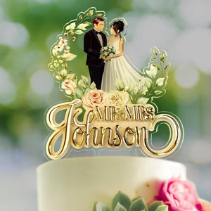 Colorfull Wedding Cake Topper with Personalized Bride and Groom, Colorfull Printable Wedding Cake Topper Bride And Groom, 3D Surname   FT002