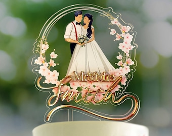 Wedding Cake Topper Bride and Groom, Colorfull Printable Wedding Cake Topper with Personalized Bride And Groom, 3D Surname   FT003