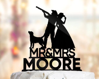 Western Love Silhouette Wedding Cake Topper with Shotgun and Dog. Hunting Wedding Couple, Hunting Wedding Cake Topper. PR137