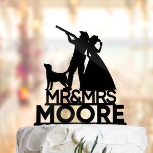 Western Love Silhouette Wedding Cake Topper with Shotgun and Dog. Hunting Wedding Couple, Hunting Wedding Cake Topper. PR137