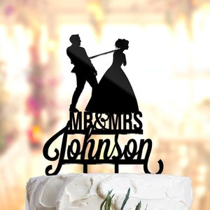 Custom Wedding Cake Topper: Bride Pulling Groom Silhouette