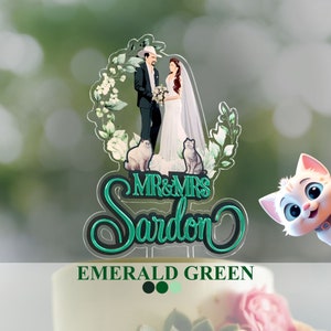 Personalized Wedding Cake Topper with Cats: Emerald Green Acrylic Figurine