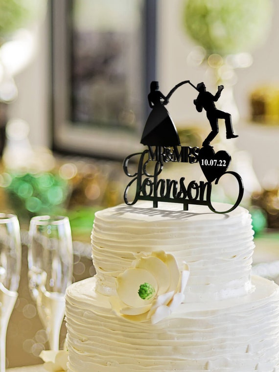 Bride and Groom Cake Topper, Fishing Wedding Cake Topper Bride