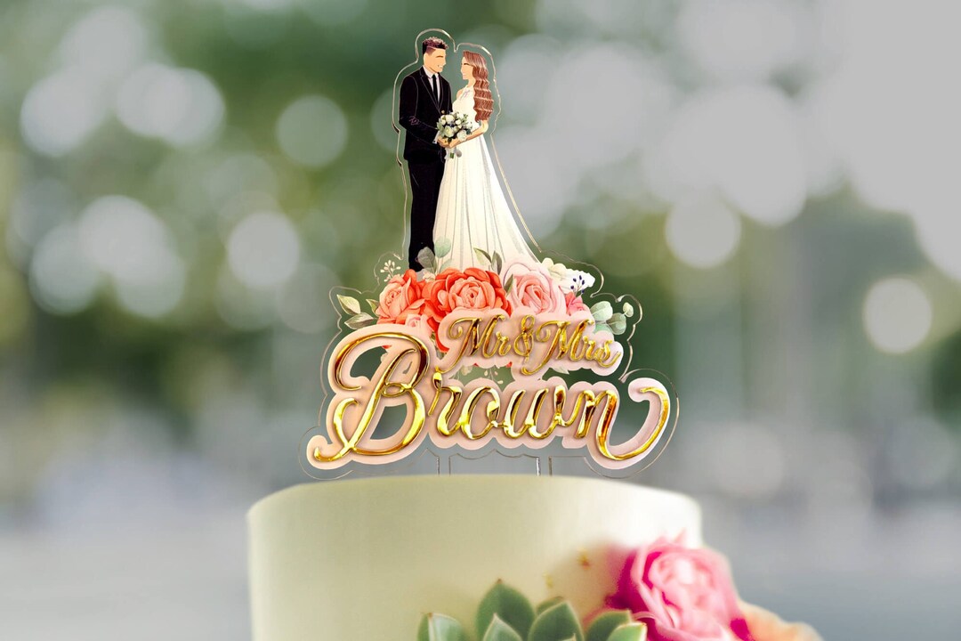 Personalized Wedding Cake Topper With Bride and Groom and 3D Surname ...