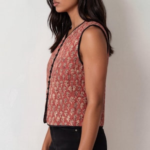 Vintage Anokhi Hand Block Print Indian Cotton Quilted Vest Waistcoat Boho Hippie Festival 70s