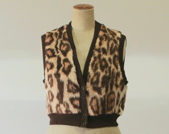 Vintage Faux Fur Leopard Print Vest Waistcoat Gilet l Boho Hippie Festival Vest