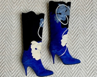 Vintage 80s Italian Leather Stiletto Boots – Blue Floral Patchwork