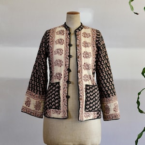 Vintage 1970s Rare Indian Floral Block Print Quilted Jacket Boho Cotton Coat Folk Art Textile