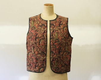 1970s Quilted Indian Cotton Vest, Floral Paisley Boho Waistcoat