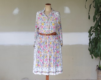 Vintage Italian Floral Boho Tea Dress | Hippie Cotton Spring Festival Wedding Attire | Size L
