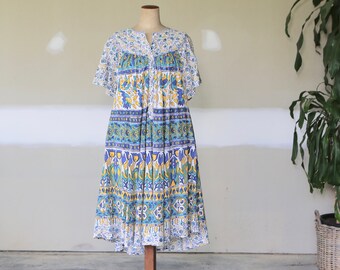 Vintage Indian Cotton Block Print Dress l Batik Floral Print Dress l Boho Hippie 1970's Dress