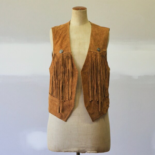 Vintage 70's Camel Brand Southwestern Fringe Suede Leather Vest Waistcoat l Boho Hippie Festival Cowboy Waistcoat