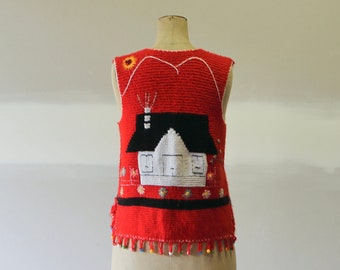 Vintage Handmade Wool Knit Beaded House Vest - Hippie Boho Festival Waistcoat Jumper (Large)
