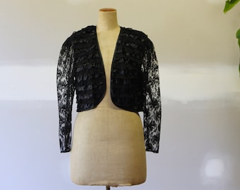 Vintage 1980s Victorian Lace Frill  Bolero Crop Jacket l Edwardian Lace Frill Boho Hippie Festival l