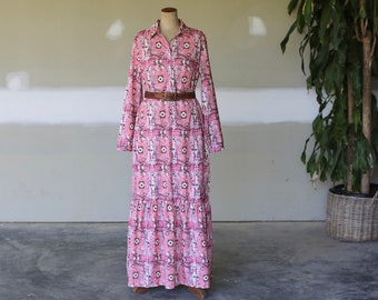 Vintage Retro Pink Maxi Dress l Boho Hippie Festival Kaftan Dress