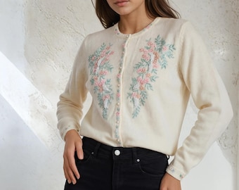 Vintage 1960s Beaded Floral Cardigan l Mid Century Wool Knit Sweater Cardi Jumper