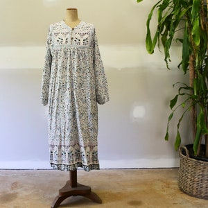 Vintage Indian Gauze Cotton Maxi Dress - Boho Hippie Festival Ethnic Floral Elephant Block Print