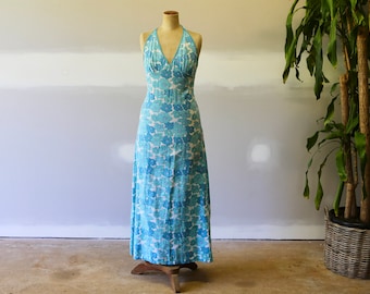 Vintage 1960s Floral Halter Neck Dress l Boho  Hippie Festival Mudcloth Maxi Dress