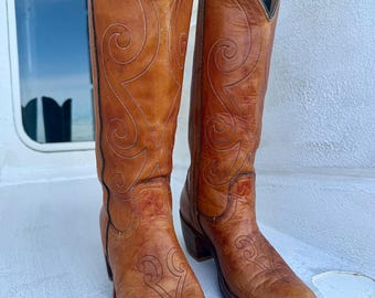 Vintage Tooled Leather Cowboy Boots - Southwestern Style Western Festival Footwear