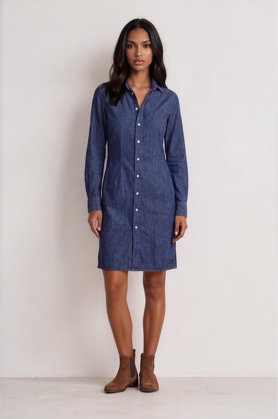 Polo Ralph Lauren, Vintage Polo Ralph Lauren Denim Shirt Dress Size 0 – Blue Cotton Button Down Mini Dress – Fitted Waist Flared Back – Long Sleeve