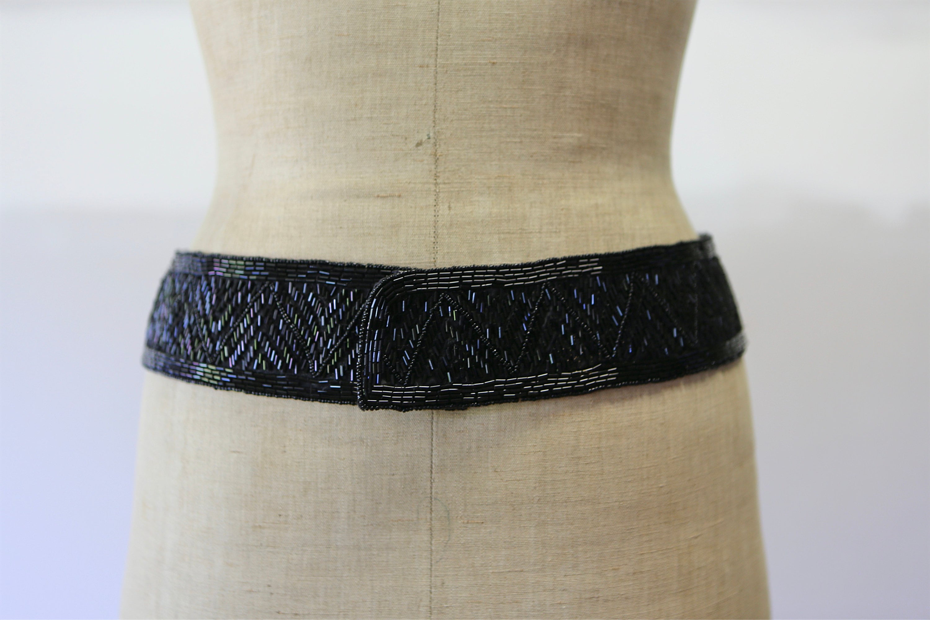 Vintage Black Glass Beaded Waist Belt Women’s Small Glam Boho Artsy 80s 80s Glass Beaded Belt - Lucky Vintage main image 4