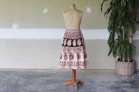 70s 80s Vintage Wrap skirt Black white Block print Indian Boho Hippie Maxi Tribal skirt One Size