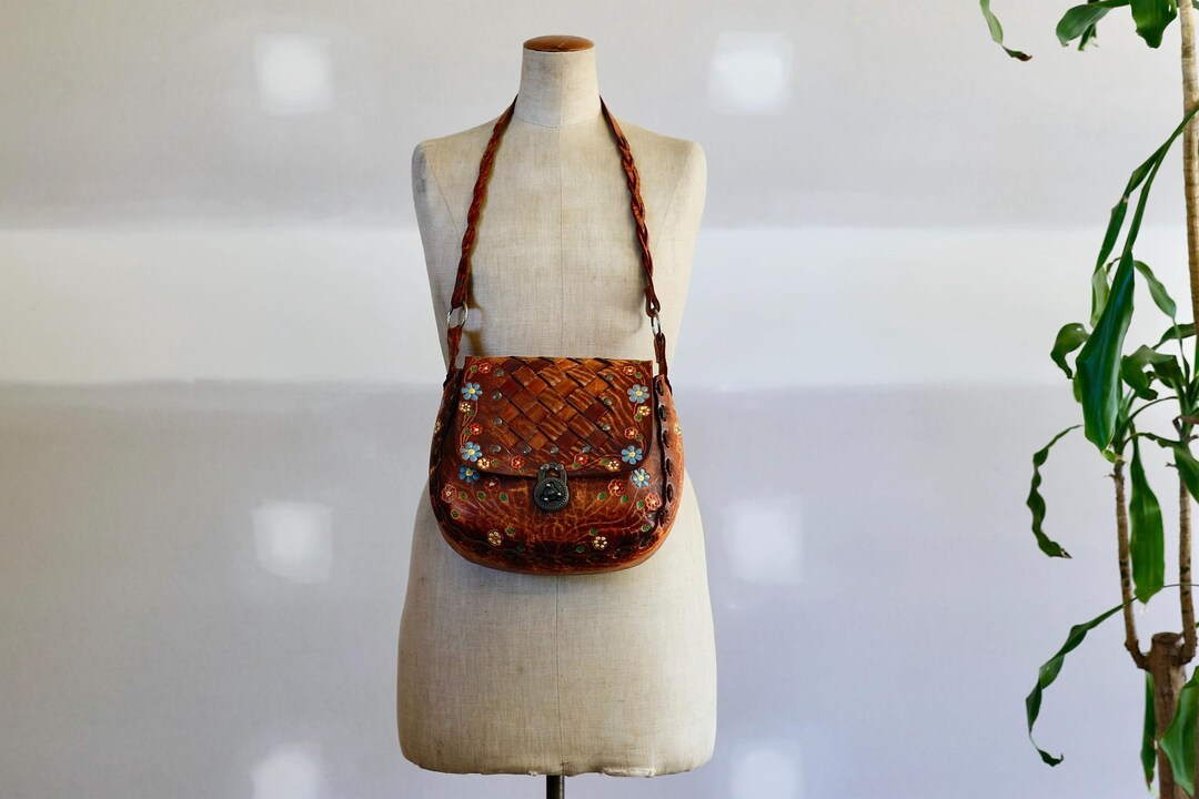 Vintage 1960s Hand Painted Floral Tooled Leather Bag L Embossed Boho ...