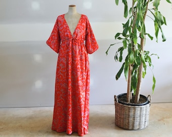 Vintage 1980s Floral Cotton Boho Hippie Festival Gown - Handmade Retro Bohemian Maxi Dress