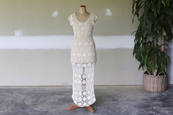 Vintage Cotton Crochet Maxi Dress l Crochet Boho W